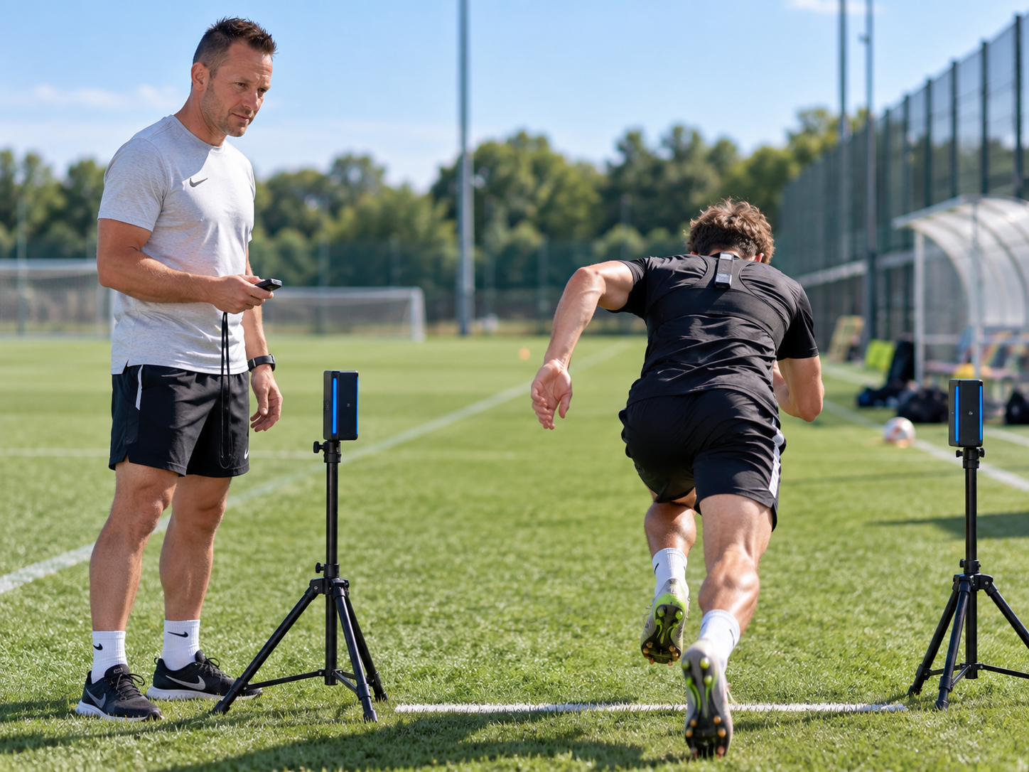 John Chisholm overseeing a player sprint through speed gates